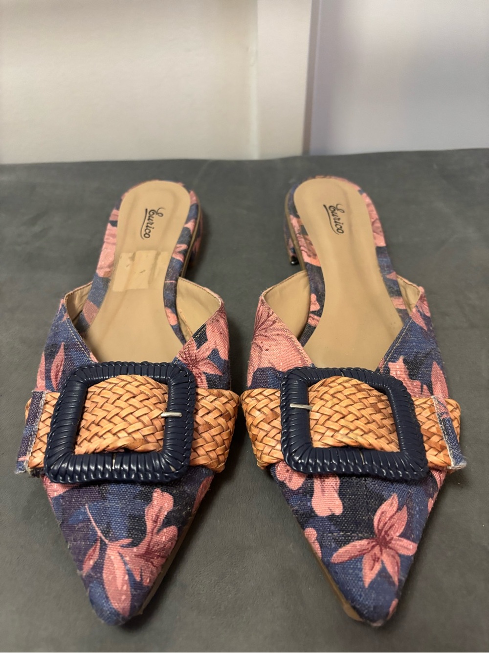 Navy & Pink Floral Pointed Mule with Woven Buckle